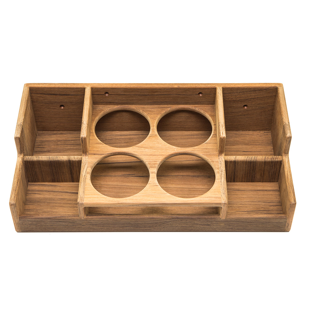 Whitecap Teak Bar Rack holding glasses, bottles, and bar accessories on a boat