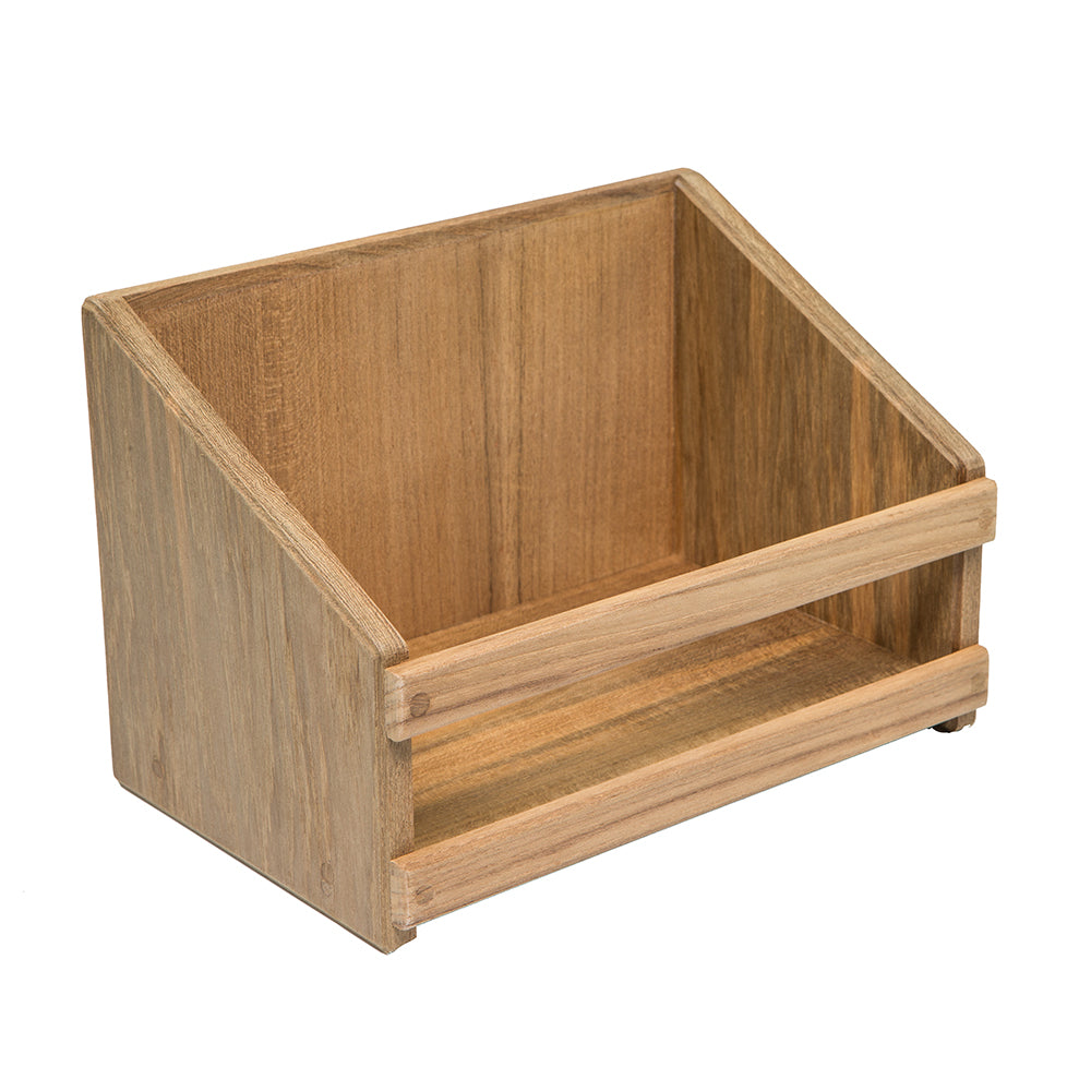Whitecap teak CD rack measuring 8-5/8 inch wide by 5-5/8 inch tall, holds 16 jewel case CDs