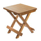 Whitecap teak grooved top fold-away table and stool with solid brass hardware, shown open and folded