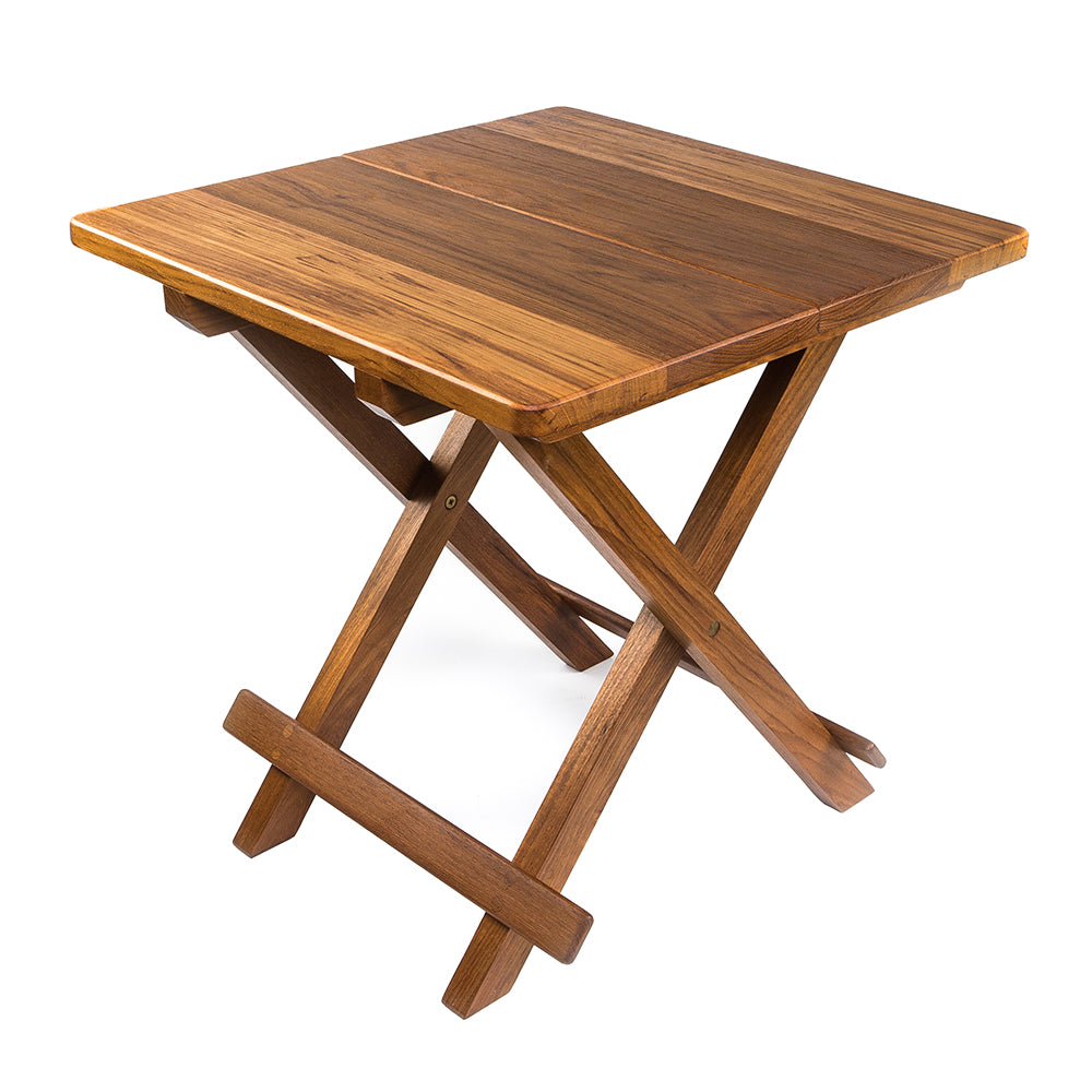Whitecap solid teak fold-away table with brass hardware, shown open and folded