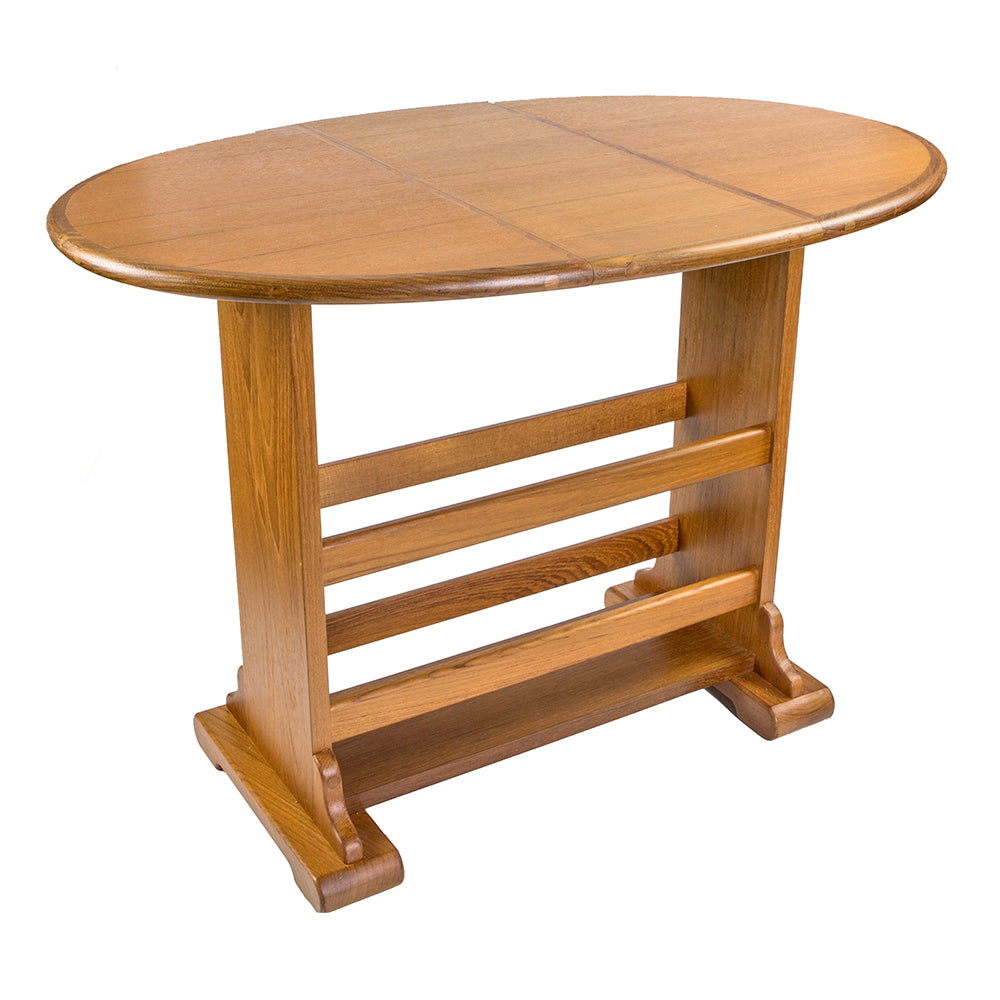 Whitecap teak drop leaf table with oiled finish, shown open and folded