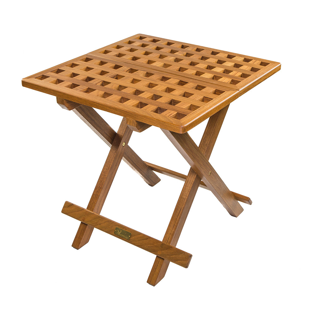 Whitecap teak grate top fold-away table with solid brass hardware, open position showing slatted surface