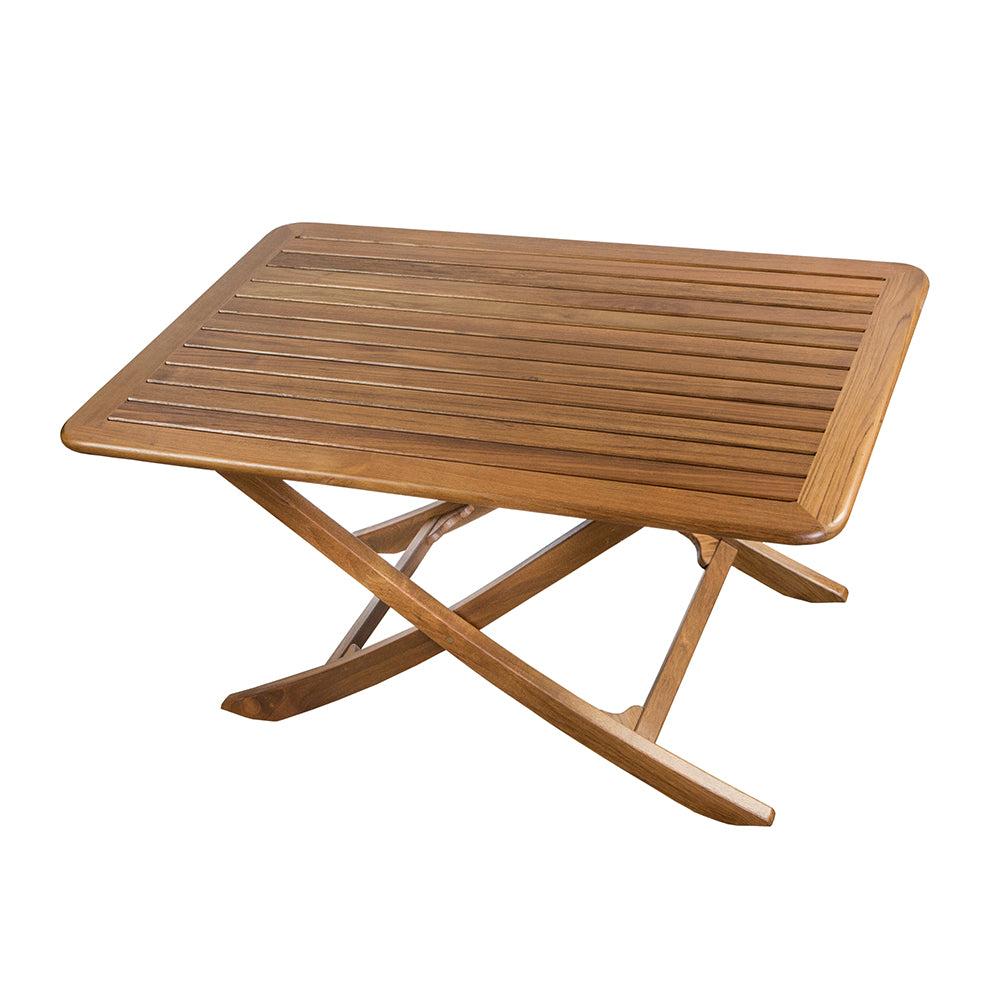 Whitecap large adjustable teak slat-top table with oiled finish, shown folded and open