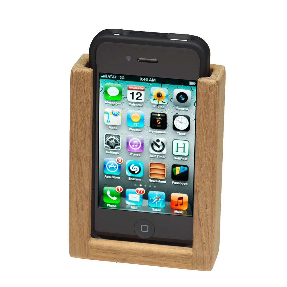 Whitecap teak iPhone rack with charging cable cut-out and pre-drilled mounting holes for marine use
