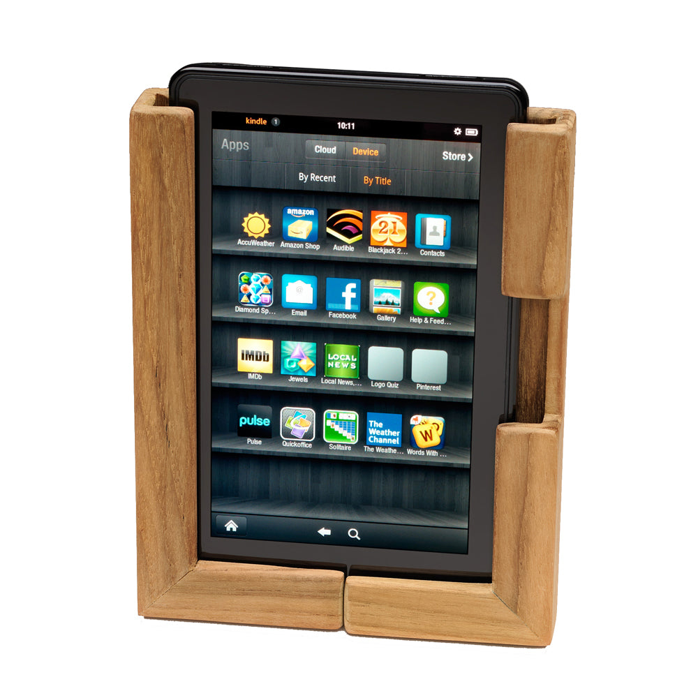 Whitecap teak adjustable tablet rack mounted on boat cabin wall, showing charging cable cut-out and pre-drilled mounting holes