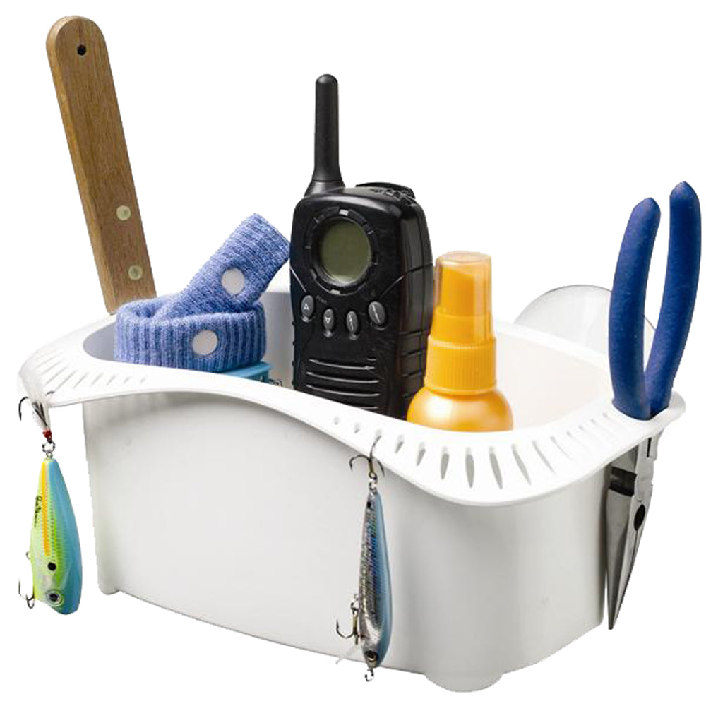 Attwood Cockpit Caddy with suction cup mount and slots for fillet knife, pliers, and lures