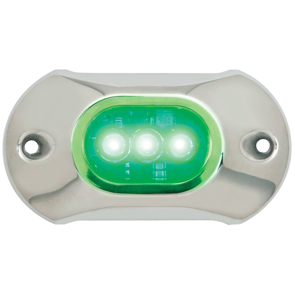 Attwood Light Armor 3-LED green underwater surface-mount LED light with stainless steel cover