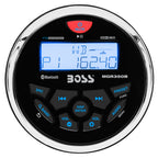 Boss Audio MGR350B marine stereo receiver with white LCD display and blue backlit illumination