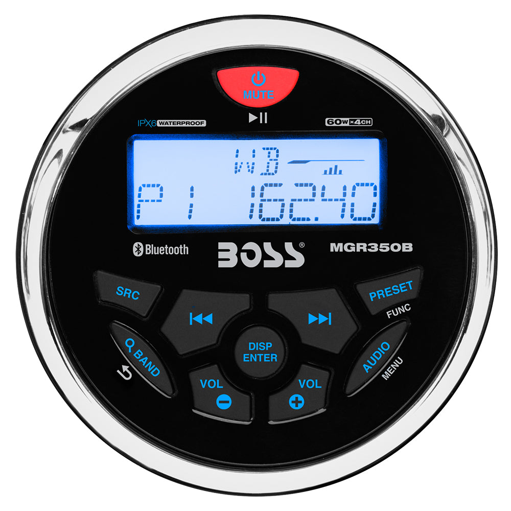 Boss Audio MGR350B marine stereo receiver with white LCD display and blue backlit illumination
