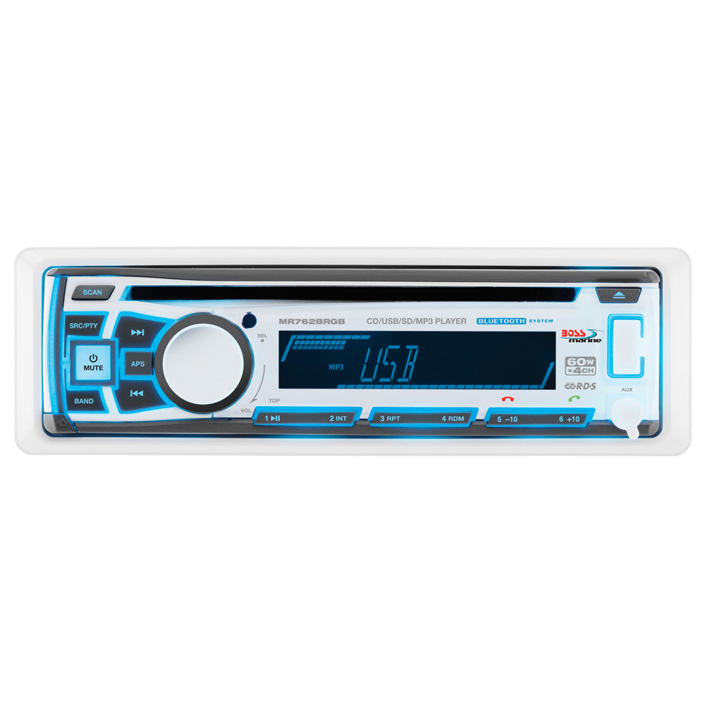 Boss Audio MR762BRGB marine single-DIN stereo with Bluetooth, CD, AM/FM, USB, and multi-color illumination