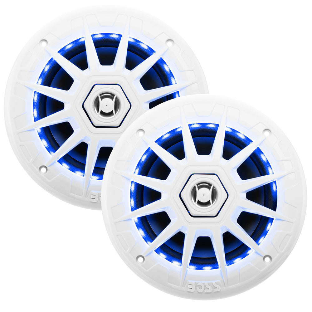 Boss Audio MRGB65 6.5-inch white marine speakers with RGB LED lighting, pair