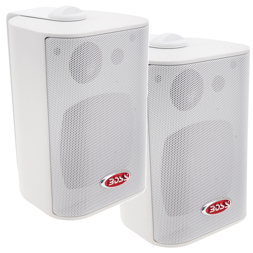 Boss Audio MR4.3W 4-inch white enclosed 3-way marine box speakers pair with swivel mounting brackets
