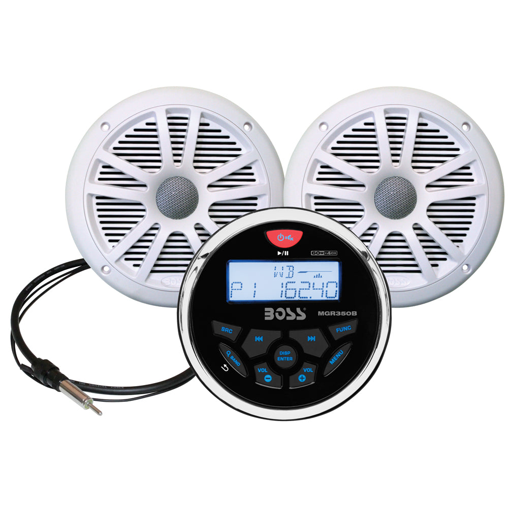 Boss Audio MCKGB350W.6 marine stereo and 6.5 inch weatherproof speaker kit with hideaway antenna