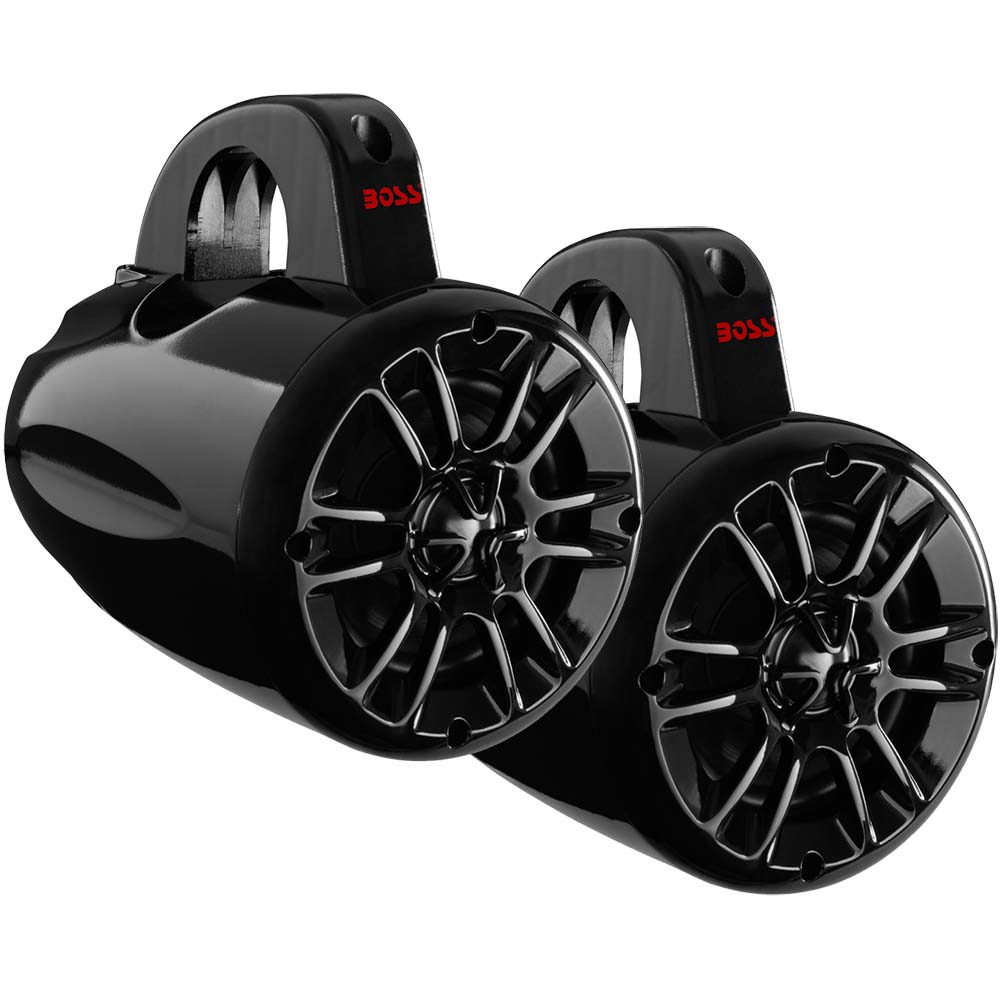 Boss Audio MRWT40 4-inch black wake tower speakers with marinized enclosure and clamp mount