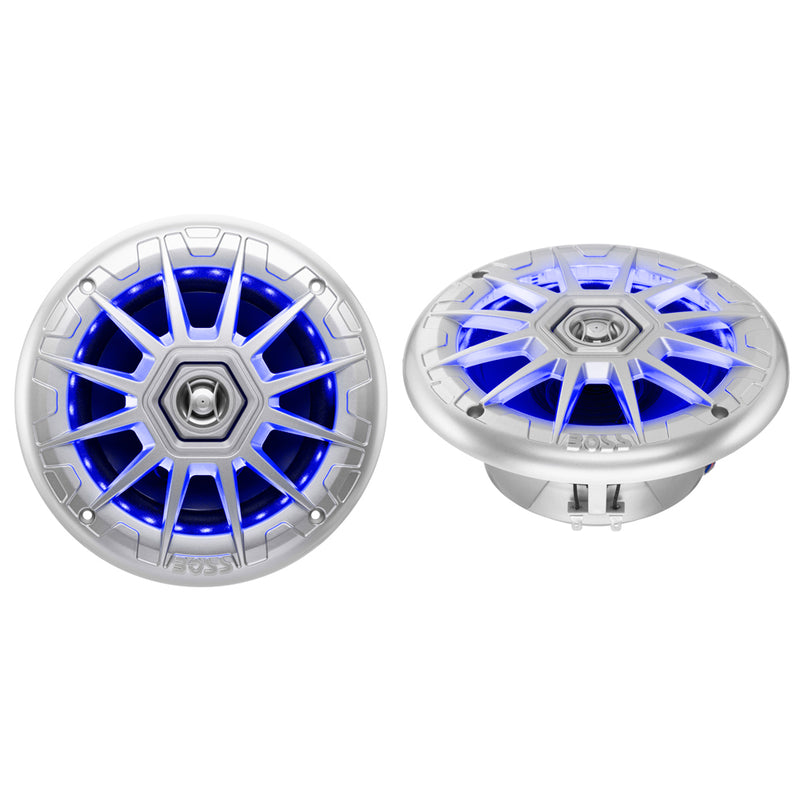 Boss Audio MRGB65S 6.5 inch silver marine speakers with RGB LED grille lighting