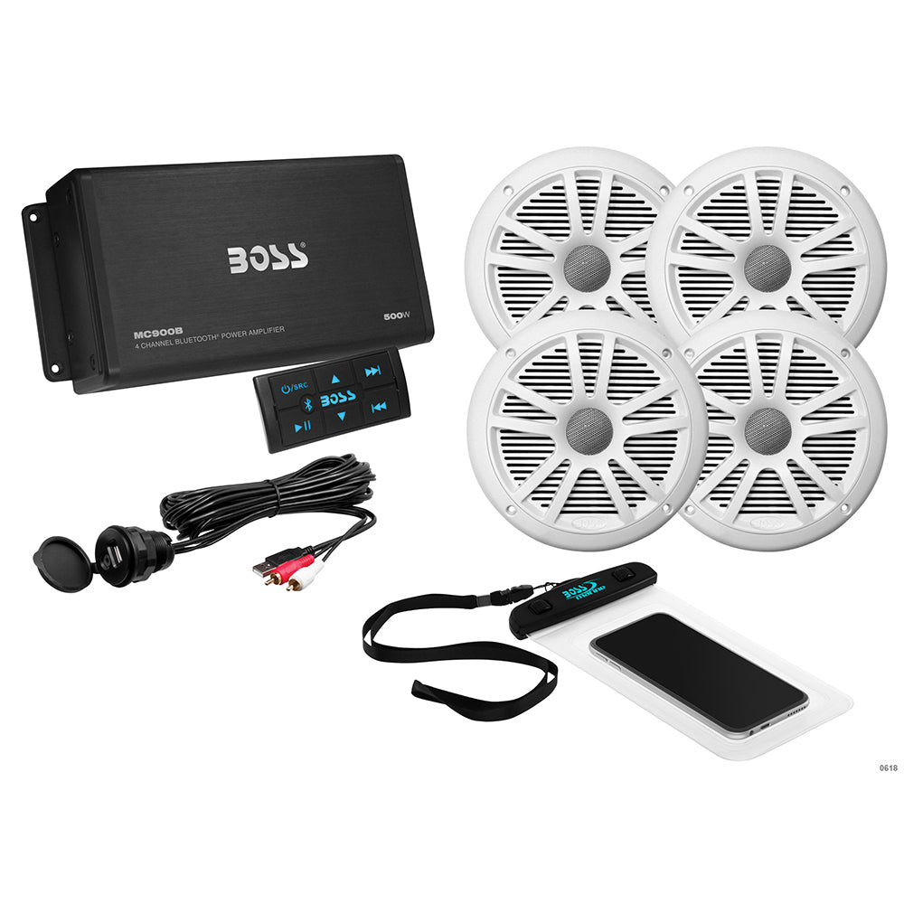 Boss Audio ASK904B.64 4-channel marine amplifier and two pairs of 6.5 inch white weatherproof speakers kit