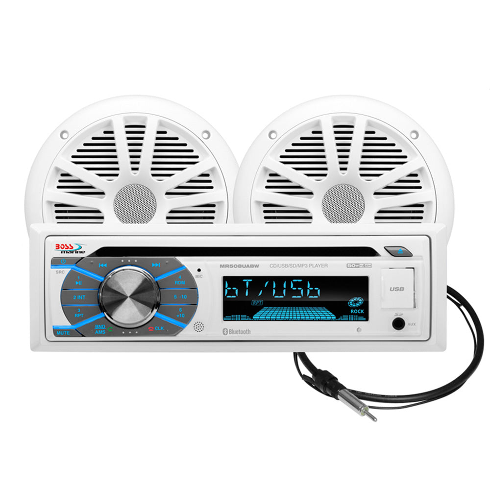Boss Audio MCK508WB.6 marine stereo and white 6.5 inch speaker kit with antenna