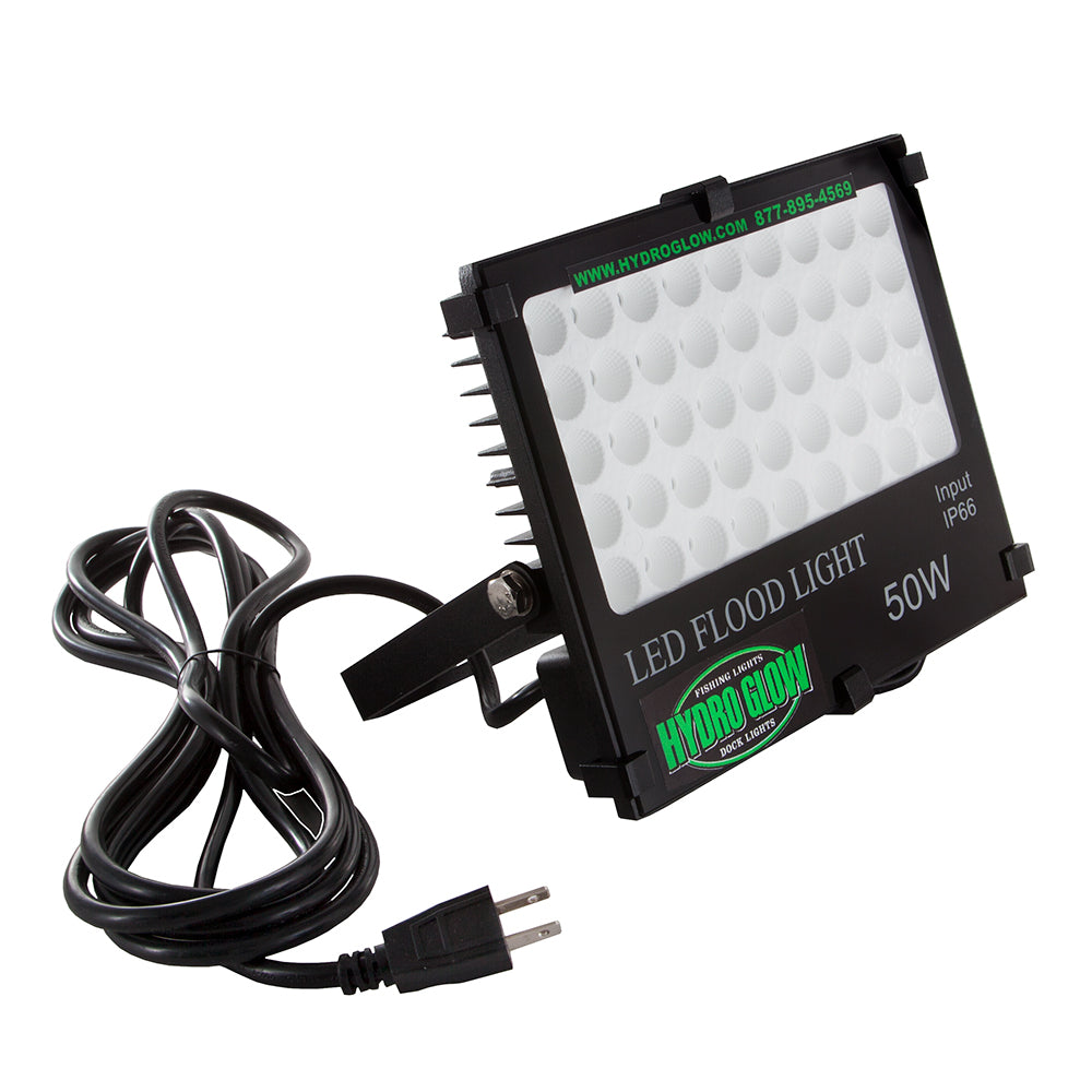 Hydro Glow FL50 50W 120VAC above-water LED dock flood light with focused beam for fish attraction