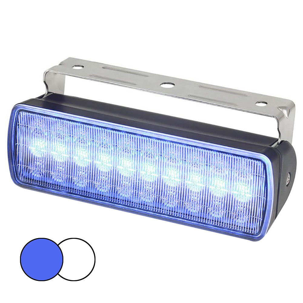Hella Marine Sea Hawk XL Dual Color Blue and White LED Floodlight with black polymer housing and stainless bracket