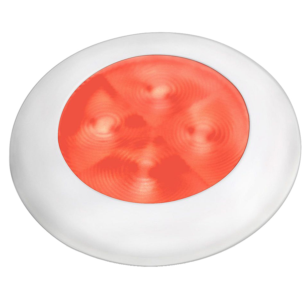 Hella Marine Slim Line Enhanced Brightness red LED round courtesy lamp with white plastic bezel and stainless steel mounting screws