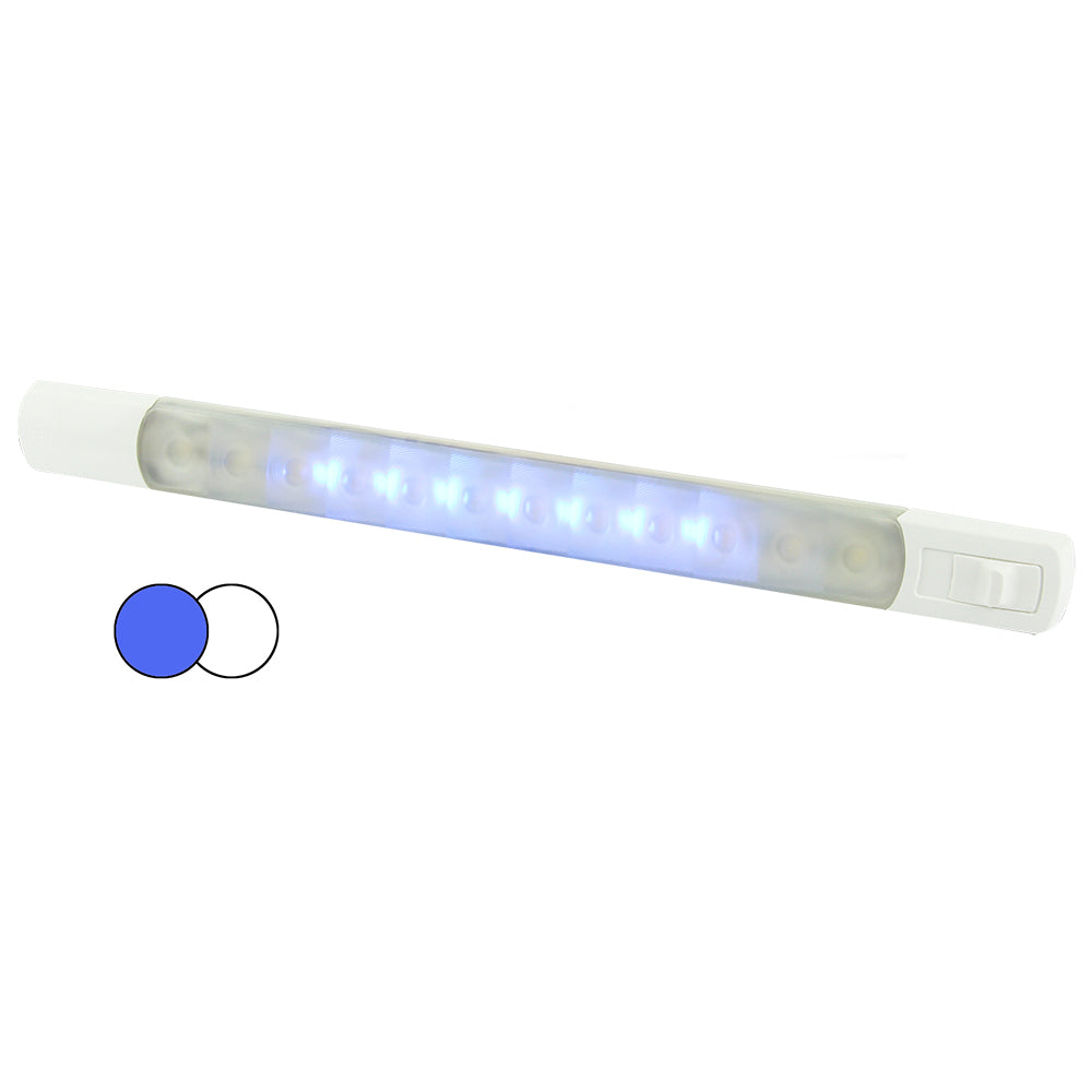 Hella Marine surface strip light with white and blue LEDs and integrated waterproof switch mounted on a boat interior panel