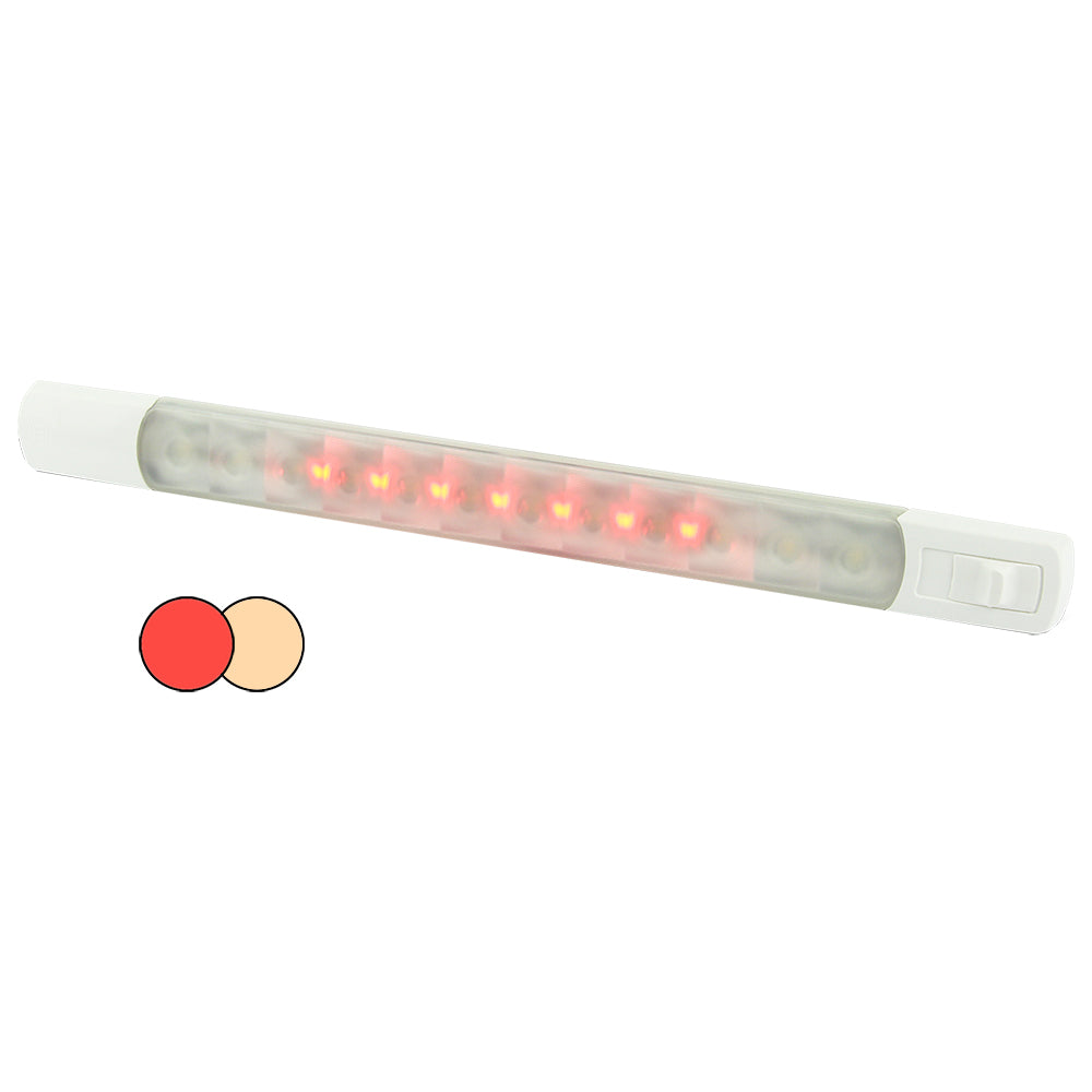 Hella Marine surface strip light with warm white and red LEDs, IP67-sealed, ultra-low-profile housing with waterproof switch