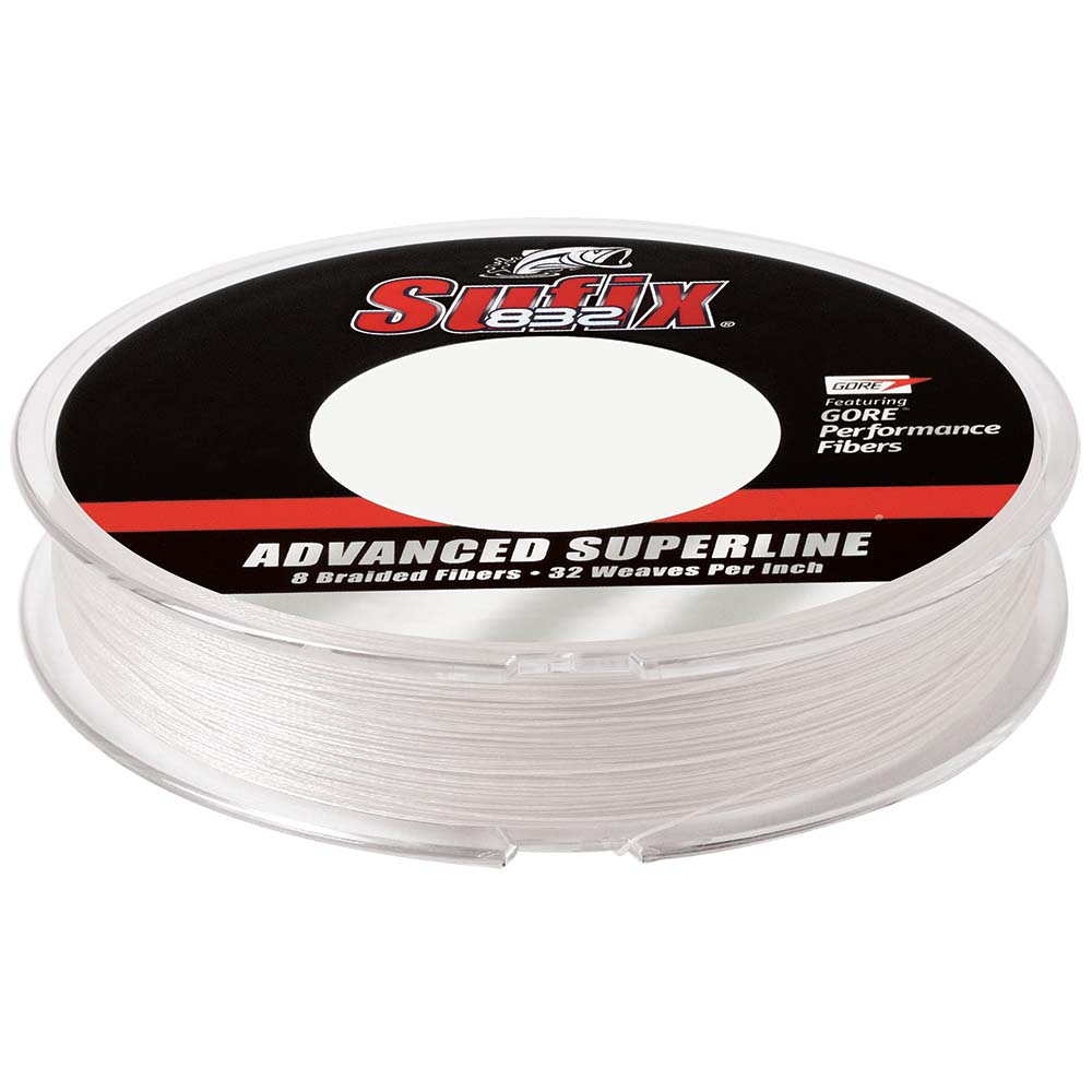 Sufix 832 Advanced Superline Braid Ghost 150 yds spool showing GORE Performance Fiber construction