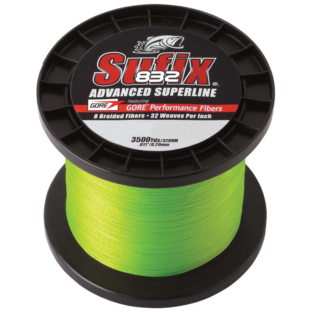Sufix 832 Advanced Superline Braid Neon Lime 3500 yd spool 8-fiber GORE Performance Fiber R8 Precision Braiding