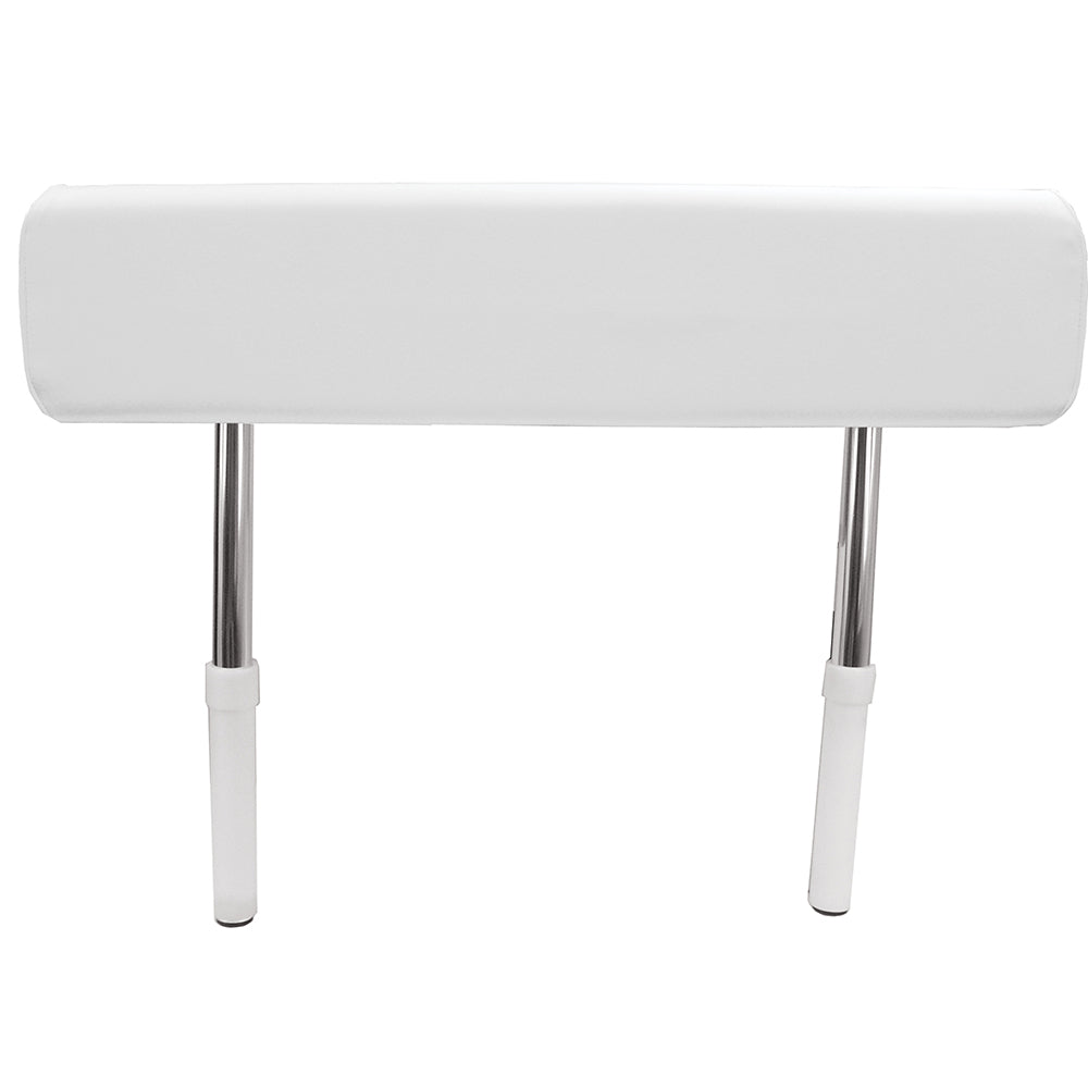 TACO Marine Universal Leaning Post Backrest with fold-flat arms and white cushioned upholstery