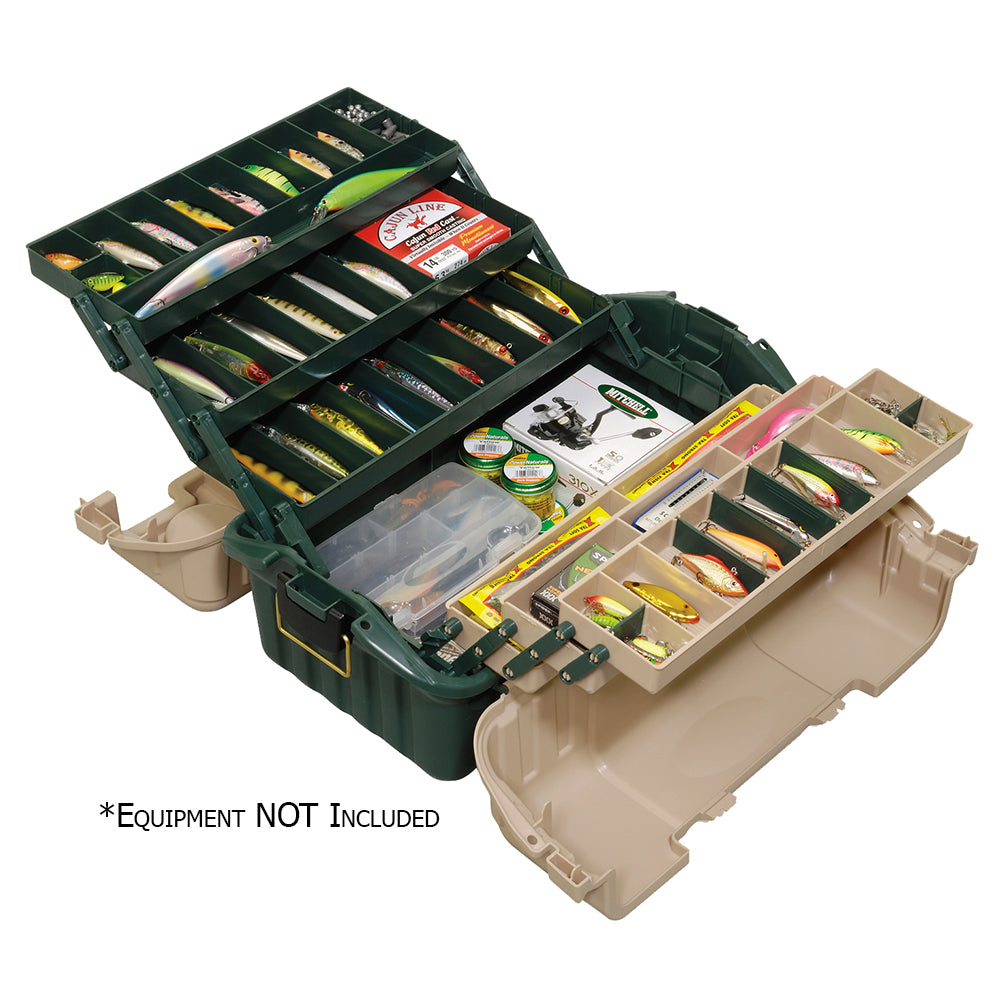 Plano Hip Roof Tackle Box with 6 trays in green and sandstone, 38-46 compartments, 20 x 11.25 x 10.75 inches