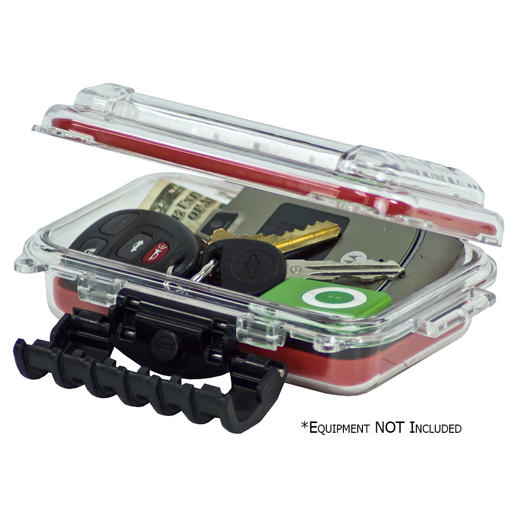 Plano 3449 waterproof polycarbonate storage box in red and clear with cam-action latches and DriLoc O-ring seal