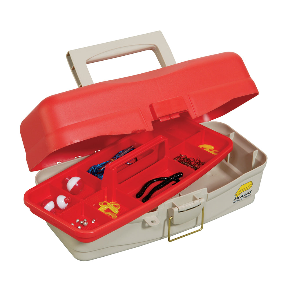 Plano Take Me Fishing Tackle Kit Box in red and beige with removable tray and brass-bailed latch