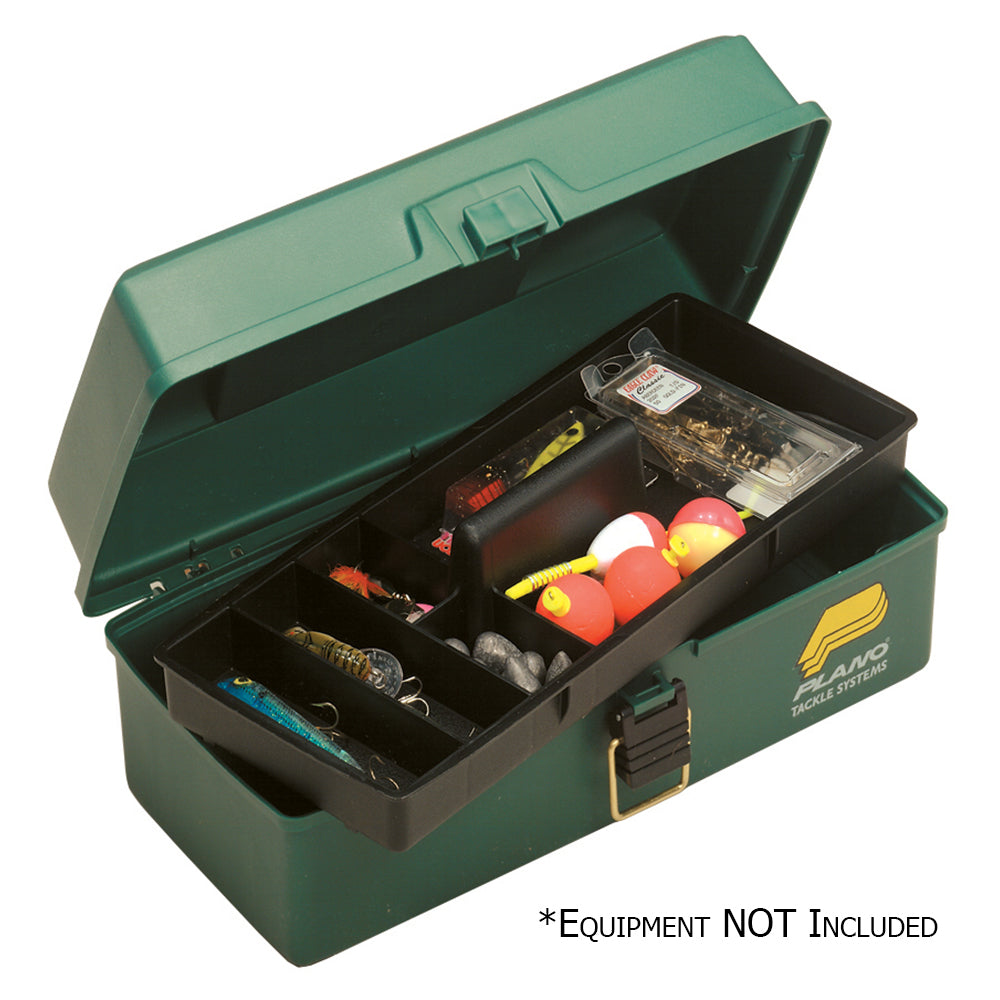 Plano One-Tray Tackle Box in green with removable 5-compartment tray and brass-bailed latch