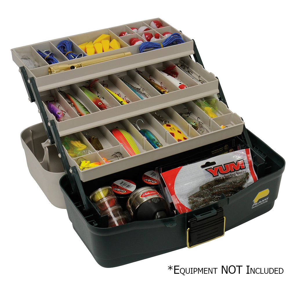 Plano Three-Tray Fixed Compartment Tackle Box, 14.75x8.5x7.5 inches with brass-bailed latch
