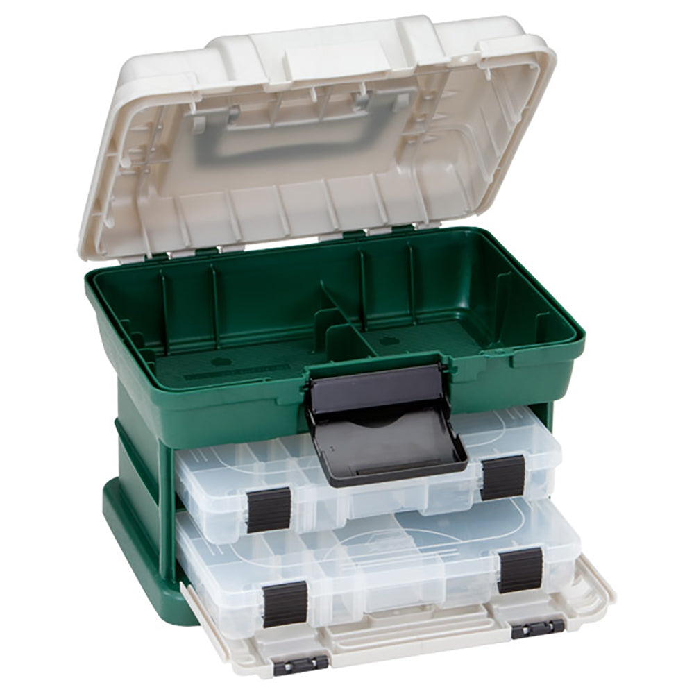 Plano 2-BY Rack System 3600 tackle storage box in Green Metallic and Silver with two StowAway utility boxes