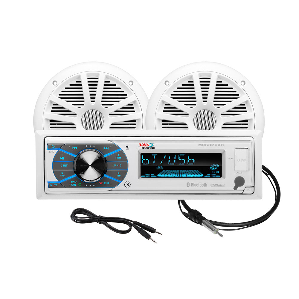 Boss Audio MCK632WB.6 marine stereo and white 6.5 inch weatherproof speaker kit with antenna and auxiliary cable