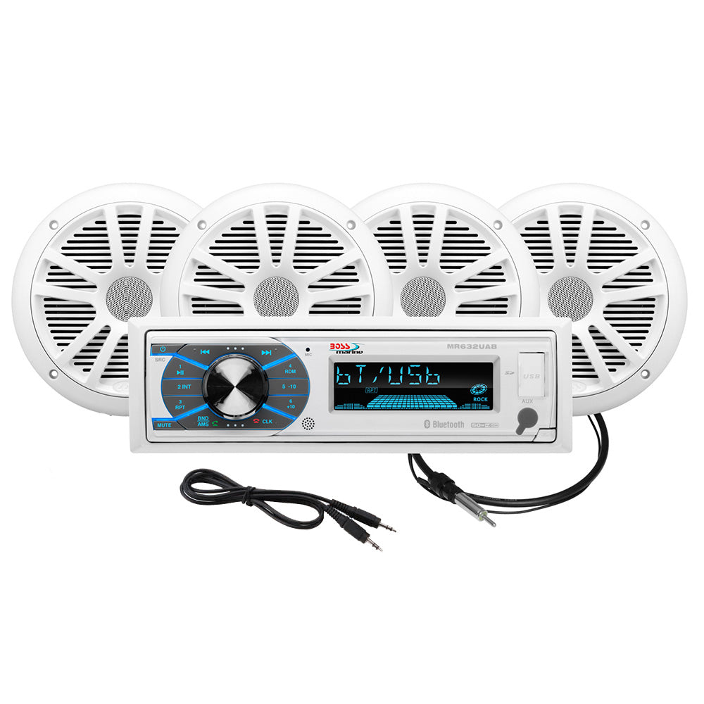 Boss Audio MCK632WB.64 marine stereo and two pairs of white 6.5-inch weatherproof speakers kit