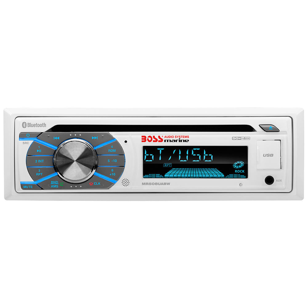 Boss Audio MR508UABW single-DIN marine stereo with AM/FM CD Bluetooth USB and SD card inputs