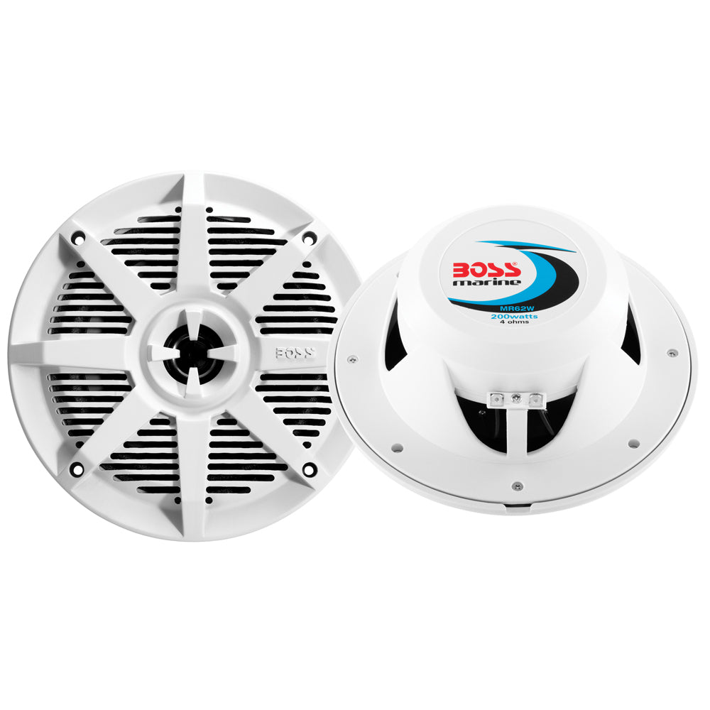 Boss Audio MR62W 6.5 inch white marine speakers pair with UV-resistant grille and IMPP cone
