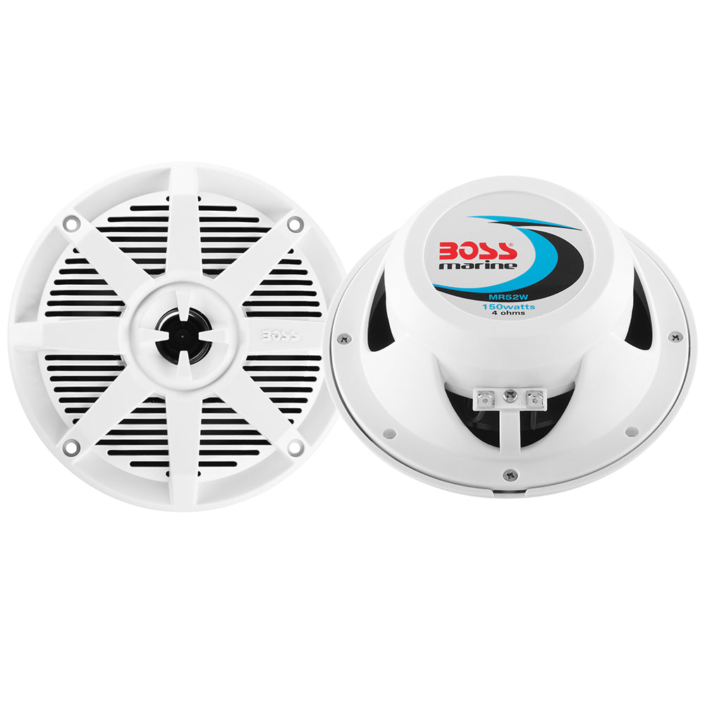 Boss Audio MR52W 5.25 inch white marine speakers pair with UV-resistant polymer grille and 150W max power
