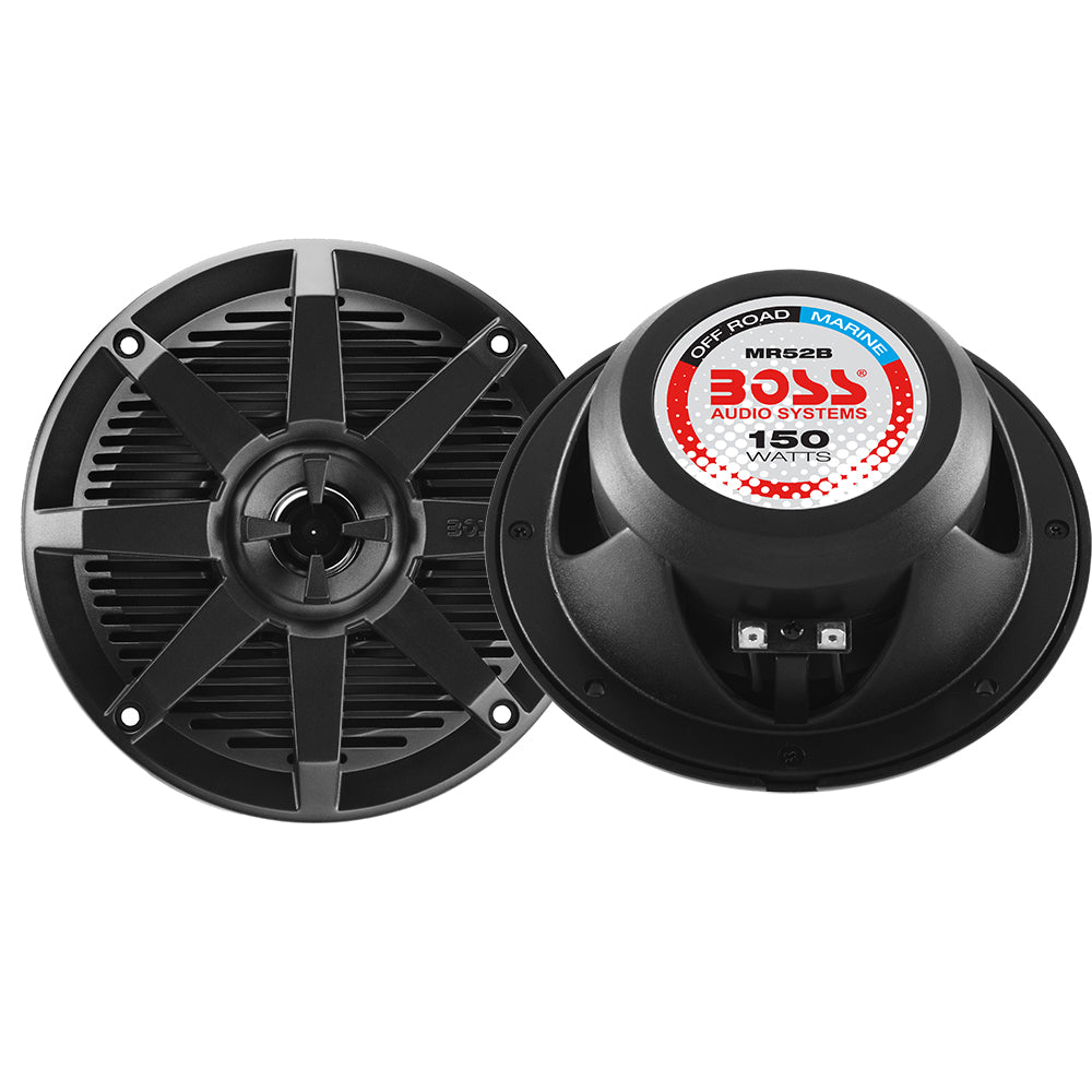 Boss Audio MR52B 5.25 inch black marine speaker pair with UV-resistant polymer grille and 150W peak power