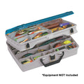 Plano Two-Tier Satchel tackle box in beige and blue with clear DuraView lid and brass-bailed latch