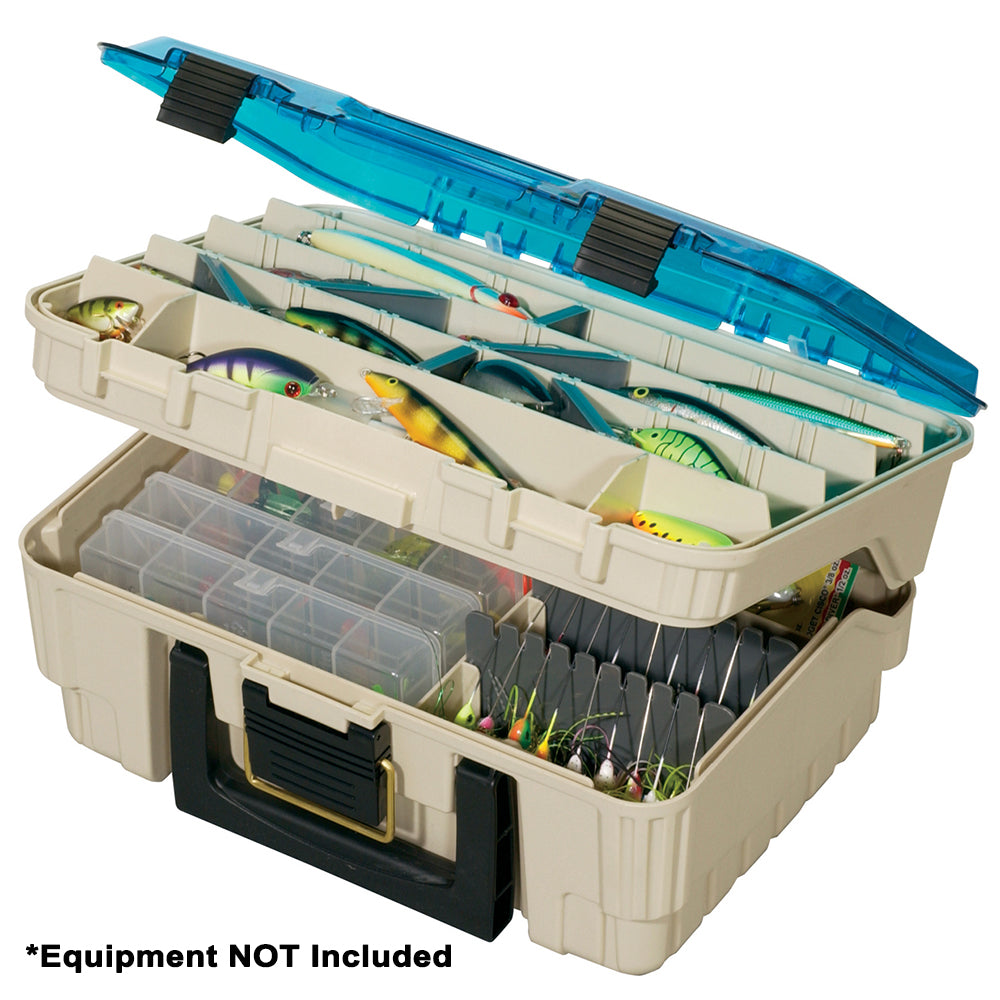 Plano Two-Tier Magnum Satchel in Sandstone and Blue with clear DuraView lid and spinnerbait racks