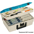 Plano Two-Tier Magnum Satchel XL tackle bag in Sandstone and Blue with clear DuraView lid and spinnerbait racks