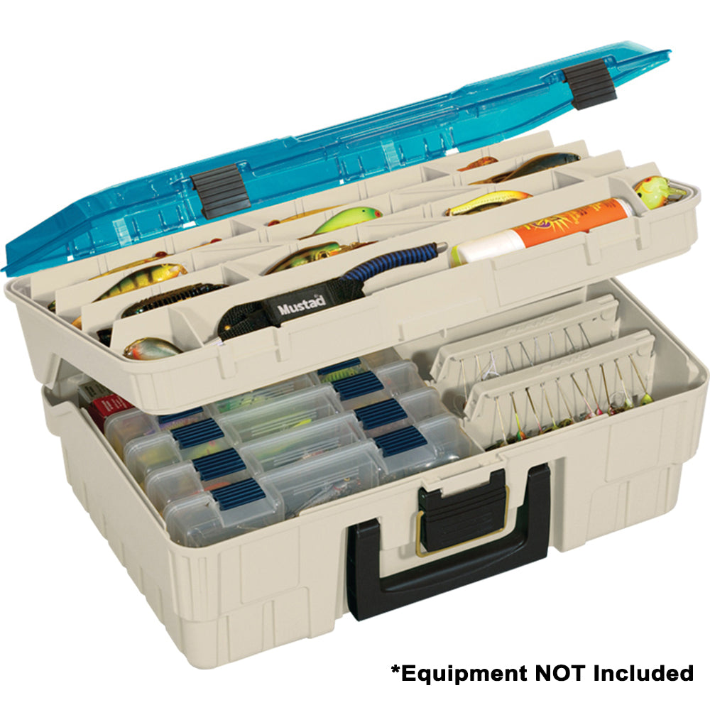 Plano Two-Tier Magnum Satchel XL tackle bag in Sandstone and Blue with clear DuraView lid and spinnerbait racks