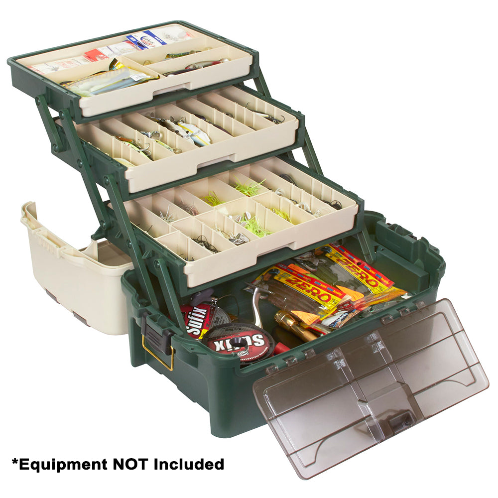 Plano Hybrid Hip 3-Tray Tackle Box in Forest Green with drop-down front door and brass latches