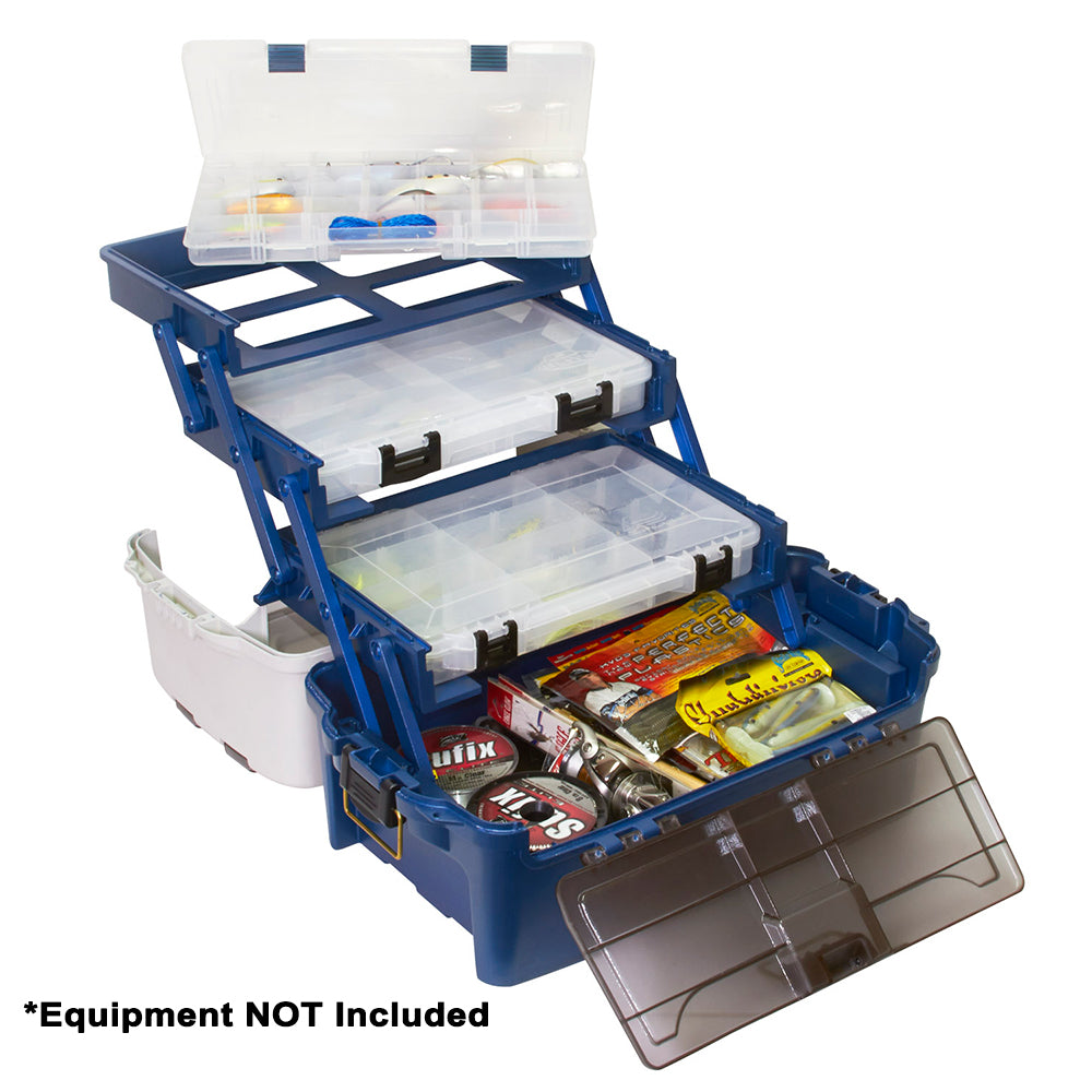 Plano Hybrid Hip 3-Stowaway Tackle Box 3700 in blue with drop-down front door and three StowAway utility boxes