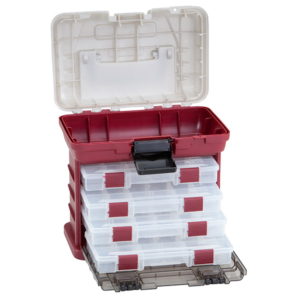 Plano 4-By Rack System 3500 tackle storage in red metallic and silver with four removable StowAway utility boxes