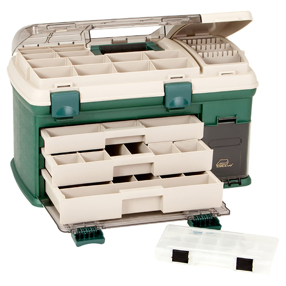Plano 3-Drawer Tackle Box XL in Green and Beige with DuraView drawers and spinnerbait racks