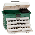 Plano 4-Drawer Tackle Box in Green Metallic and Silver with removable bait racks and brass-bailed latch